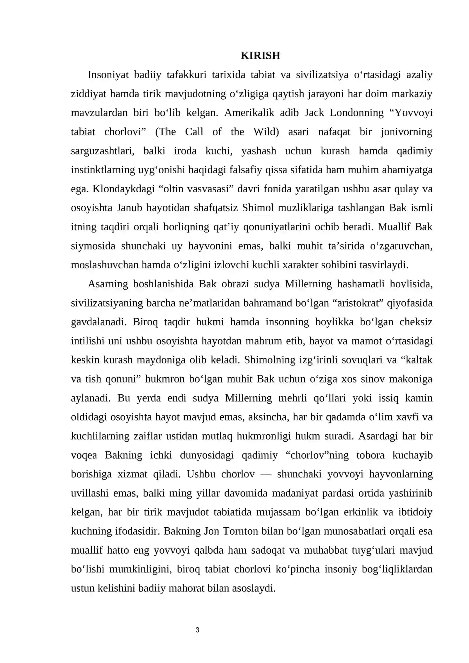 “Jek Londonning “The call of the Wild”asarida bosh qahramon obrazi ”  mavzusidA KURS ISHI 3