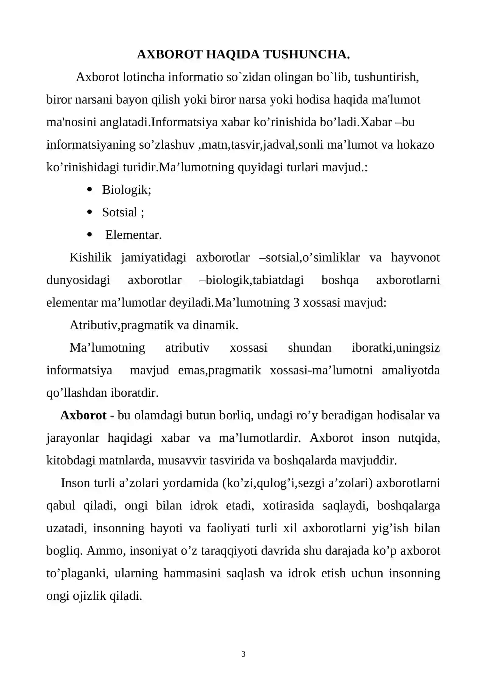Axborot. Axborotni ifodalash shakllari. Axborot o’lchov birliklari 3