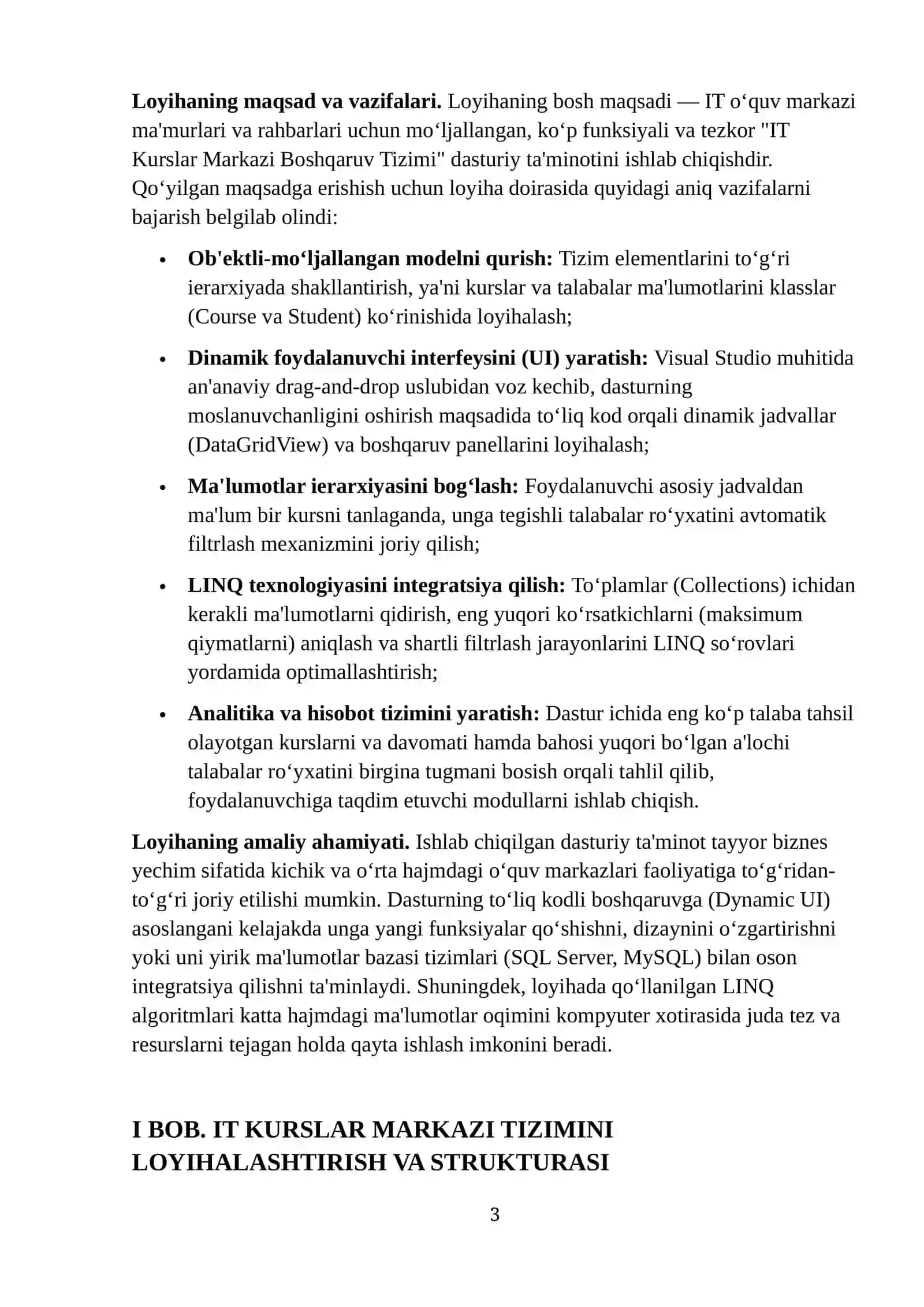 “IT kurslar markazi boshqaruv tizimi” dasturini yaratish 3