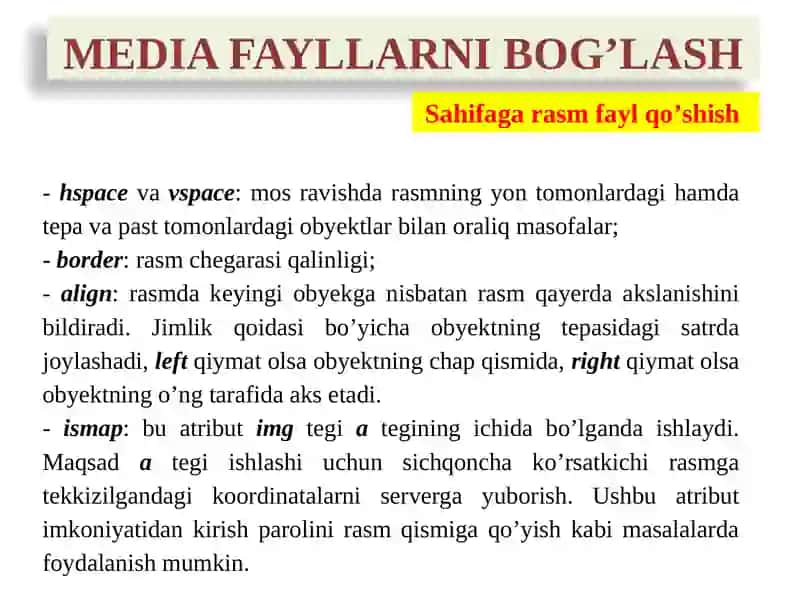 Taqdimot. Web texnalogiyalar. Web sahifaga media fayllarni biriktirish 3