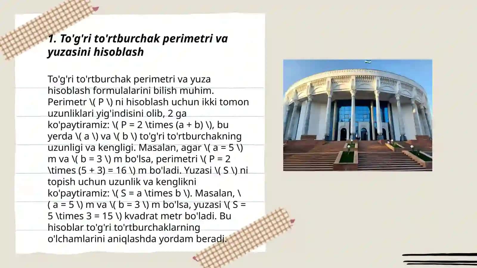 To'g'ri to'rtburchak perimetri va yuzasini hisoblash 3