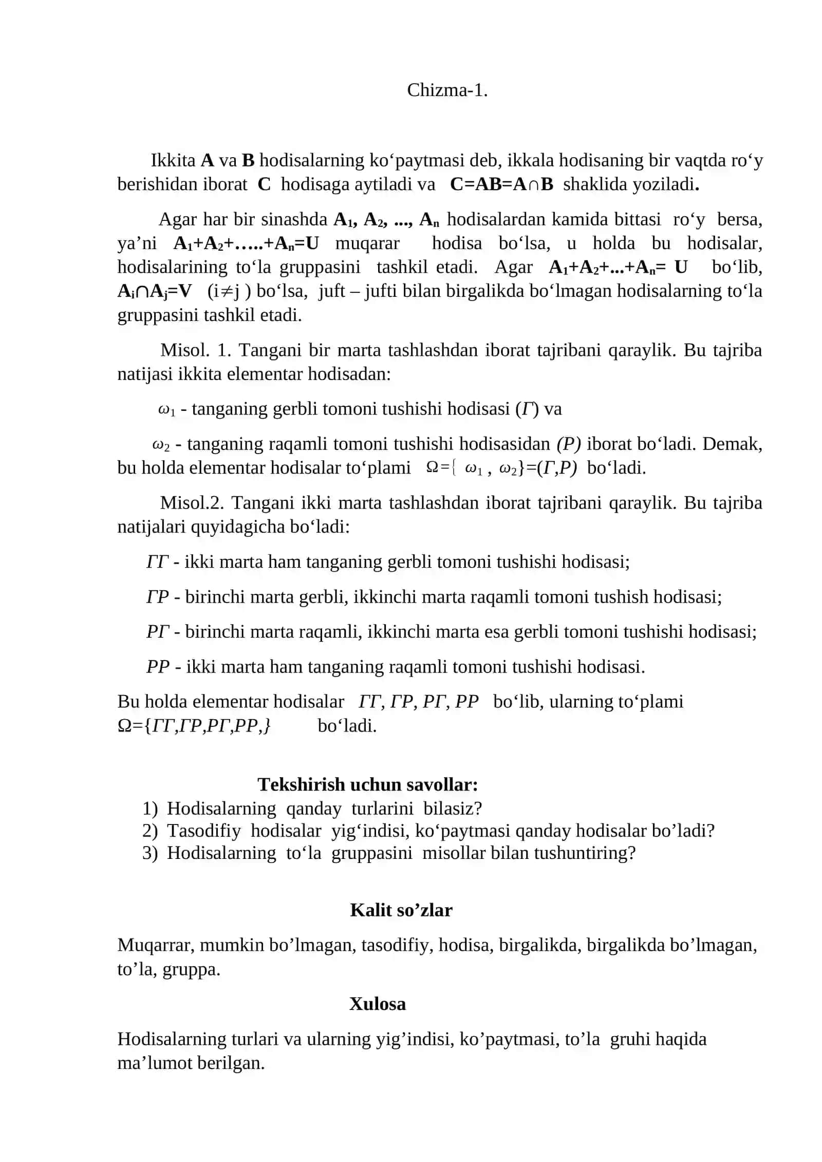 Elementar hodisalar fazosi.Tasodifiy hodisalar va ehtimolning turli ta`riflari. Ehtimollarni qo‘shish, ko‘paytirish teoremalari. To‘la ehtimol formulasi. Bayes formulasi 3