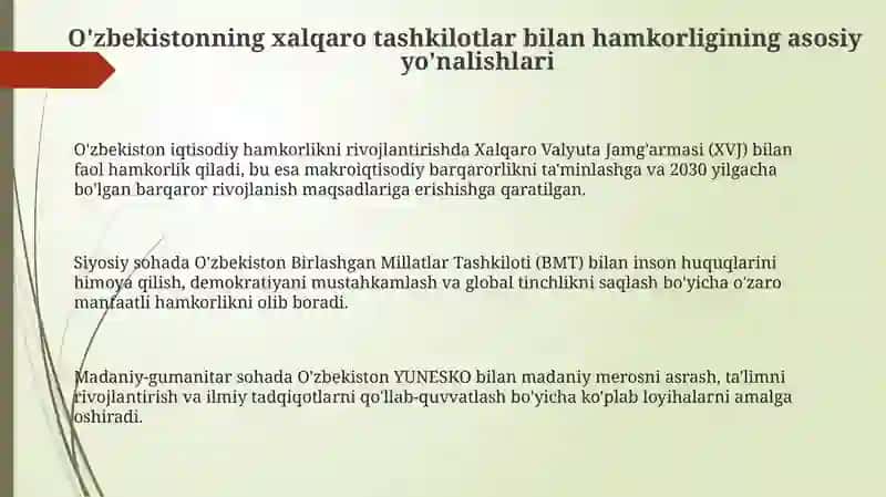 O'zbekistonning xalqaro tashkilotlar bilan hamkorligi 3