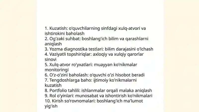 Tarbiya fani o'qitishda o'quvchilarning bilim ko'nikma va malakalarini tashxis etish 3