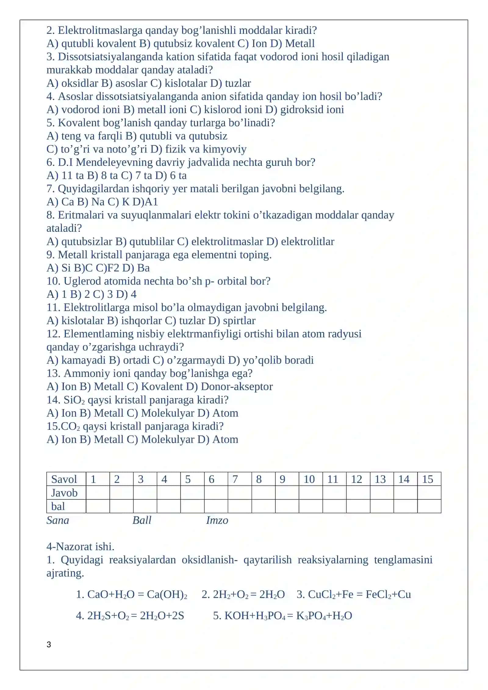 8-sinf kimyo nazorat ishi daftar 3