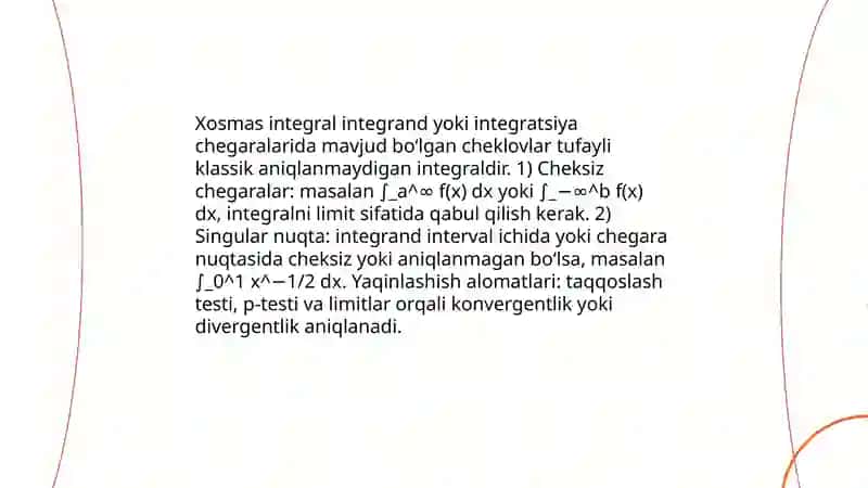 Xosmas Integrallarning Yaqinlashish Alomatlari 3