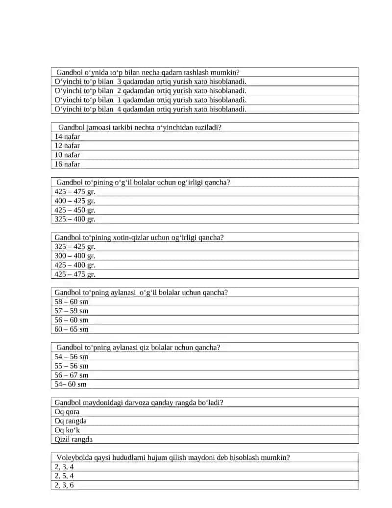 Sport mahoratini oshirish fanidan TEST 3