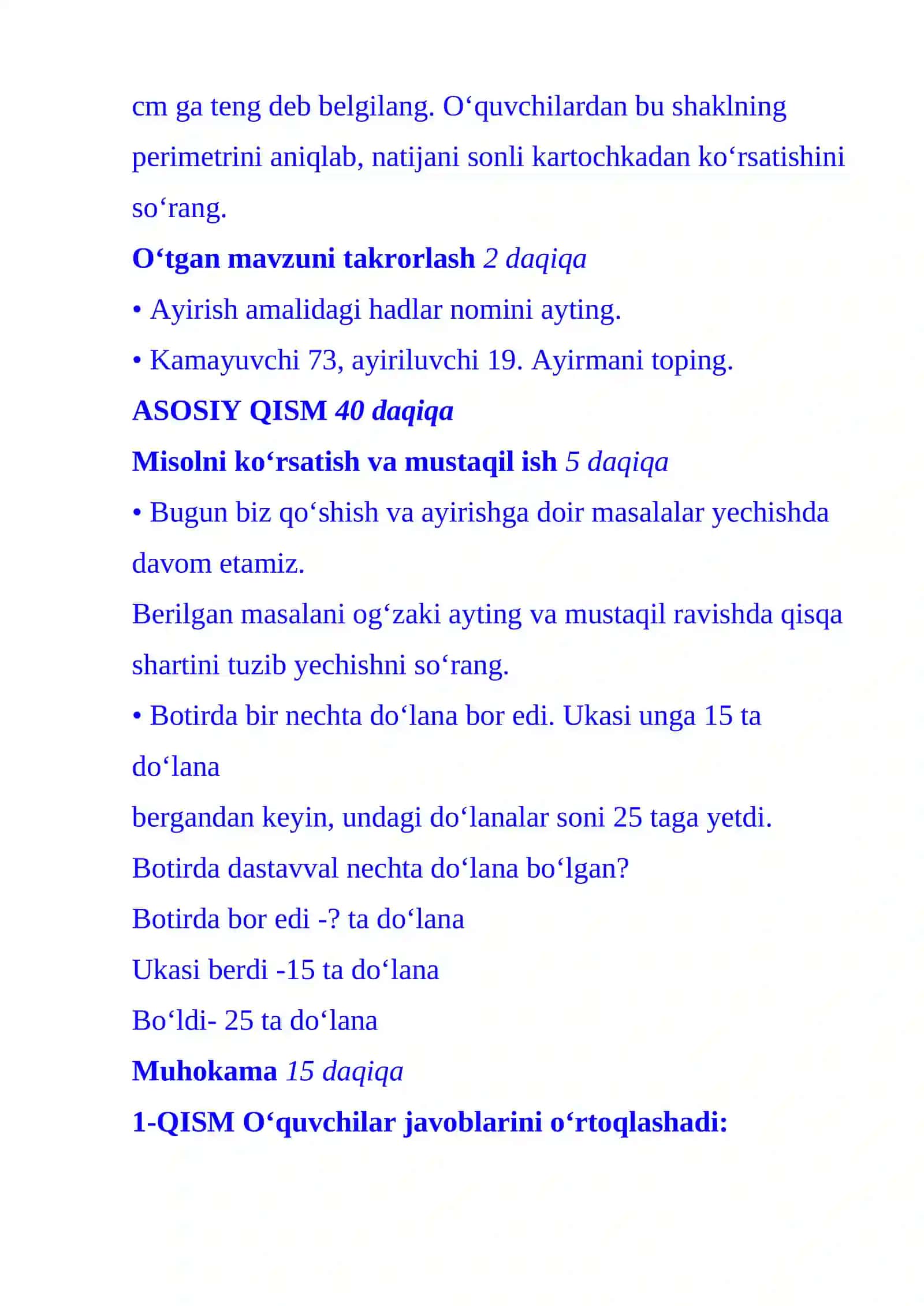 2-sinf Matematika fanidan Qo'shish va ayirishga doir masalalar dars ishlanma 3