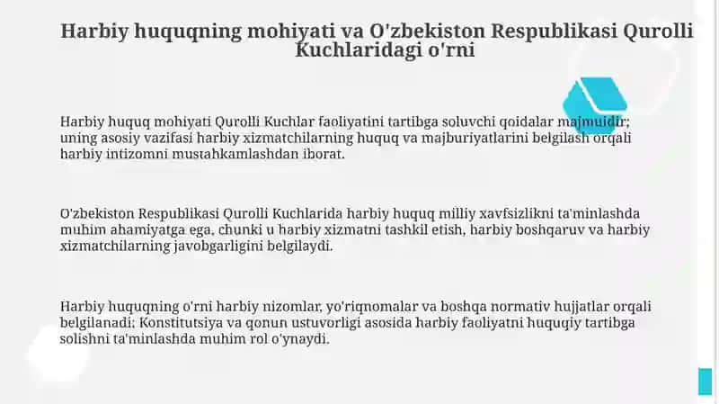 Harbiy huquqning O‘zbekiston Respublikasi Qurolli Kuchlaridagi ijtimoiy roli 3
