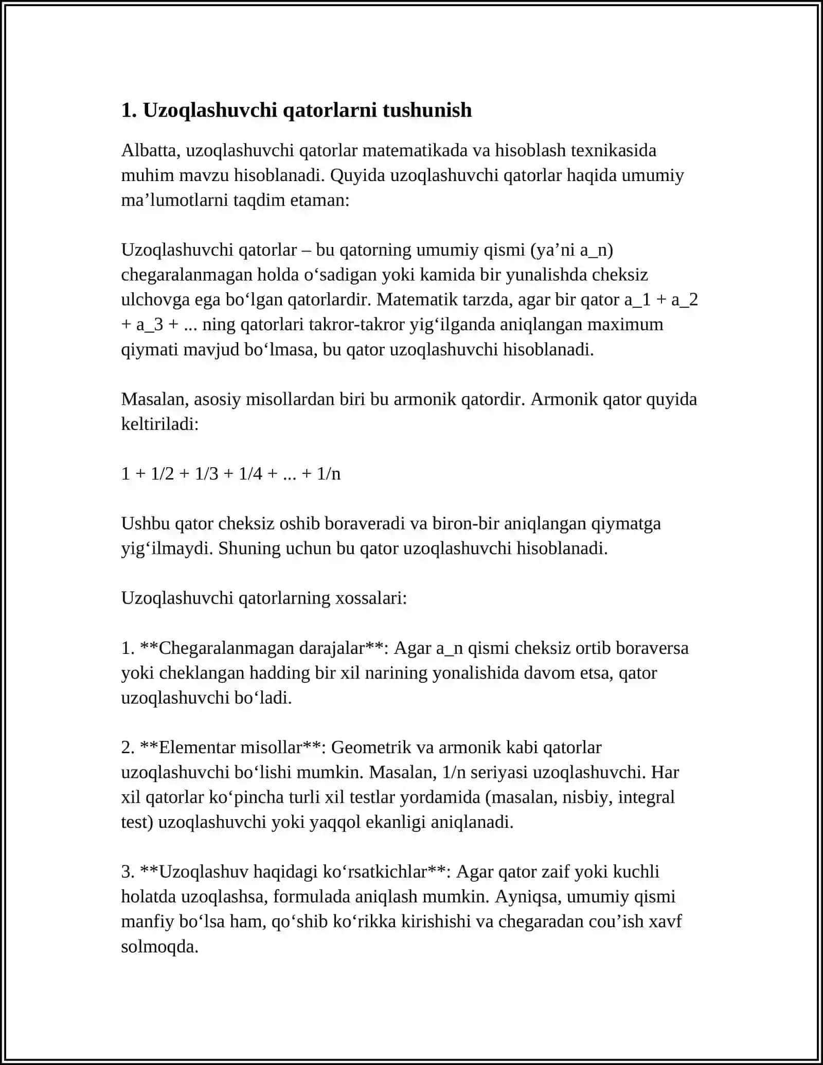 “UZOQLASHUVCHI QATORLARNI JAMLASH (E.CHEZARO, N.ABEL USUSLI)”, “CHEKSIZ KO„PAYTMALAR” 3