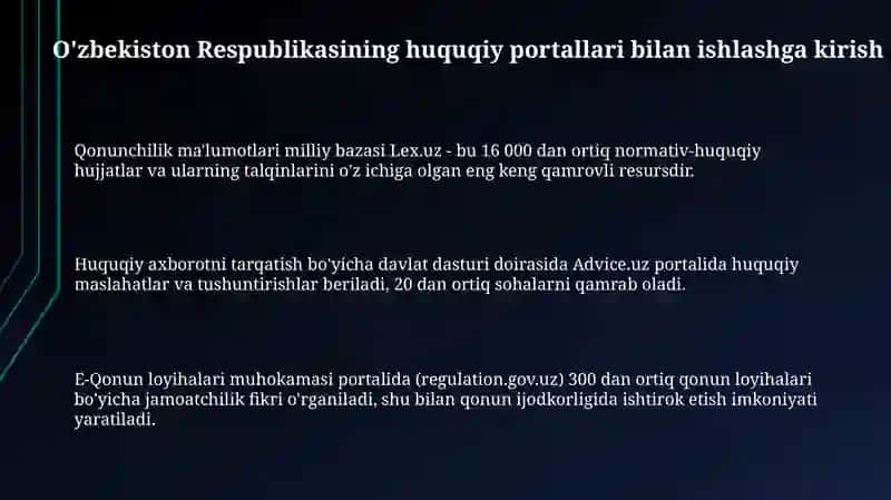 O‘zbekiston Respublikasi meyeriy xuquqiy portallari bilan ishlash 3