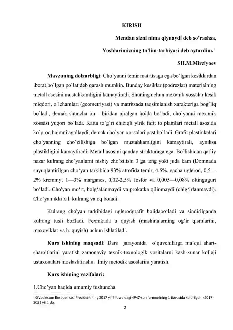 Cho’yan, po’lat va rangli metalldan tayyorlangan quymalarni o’rganish 3
