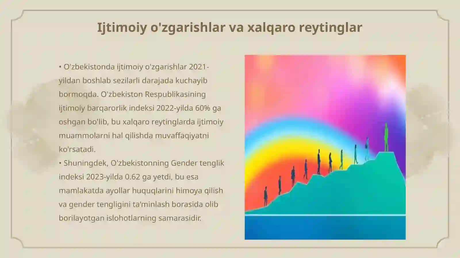 Yangi O'zbekistoning ijtimoiy siyosiy, iqtisodiy madaniy hayotida roy berayotgan o'zagarishlarning xalqaro reyting va indekslarda aks etishi 3