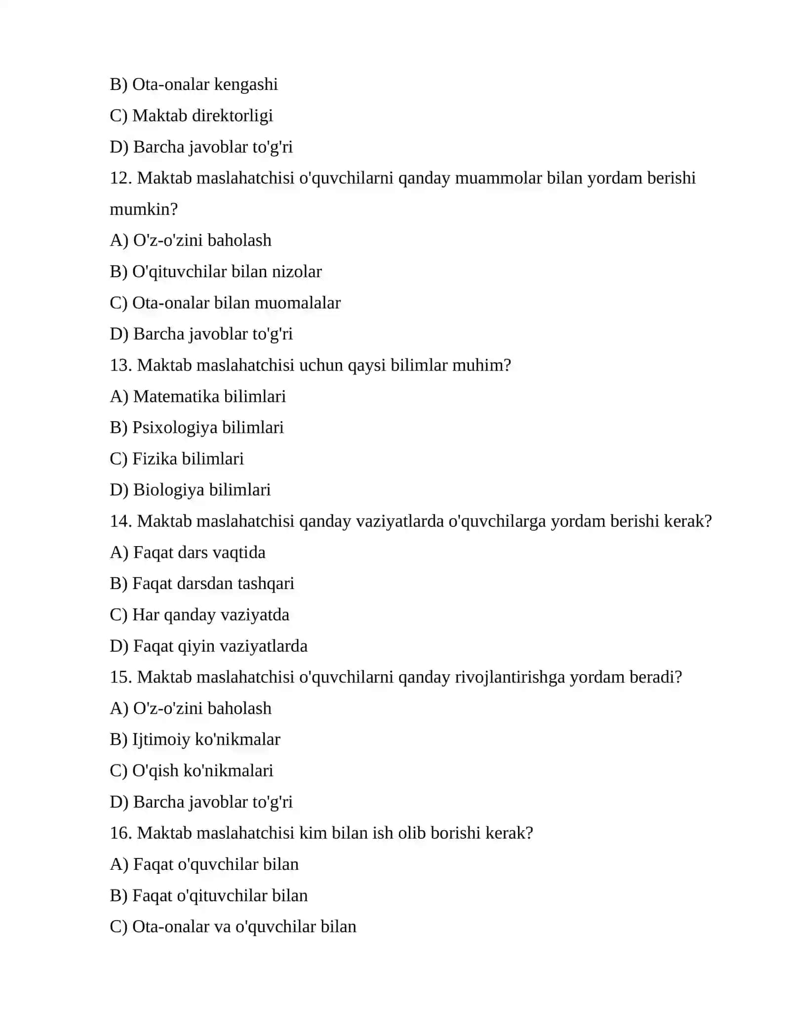 Maktab maslahatchisi lavozimi uchun testlar 228 talik 3