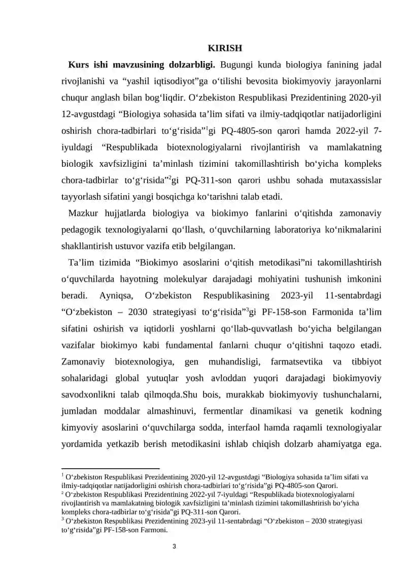 BIOKIMYO ASOSLARINI O‘QITISH METODIKASI kurs ishi 3