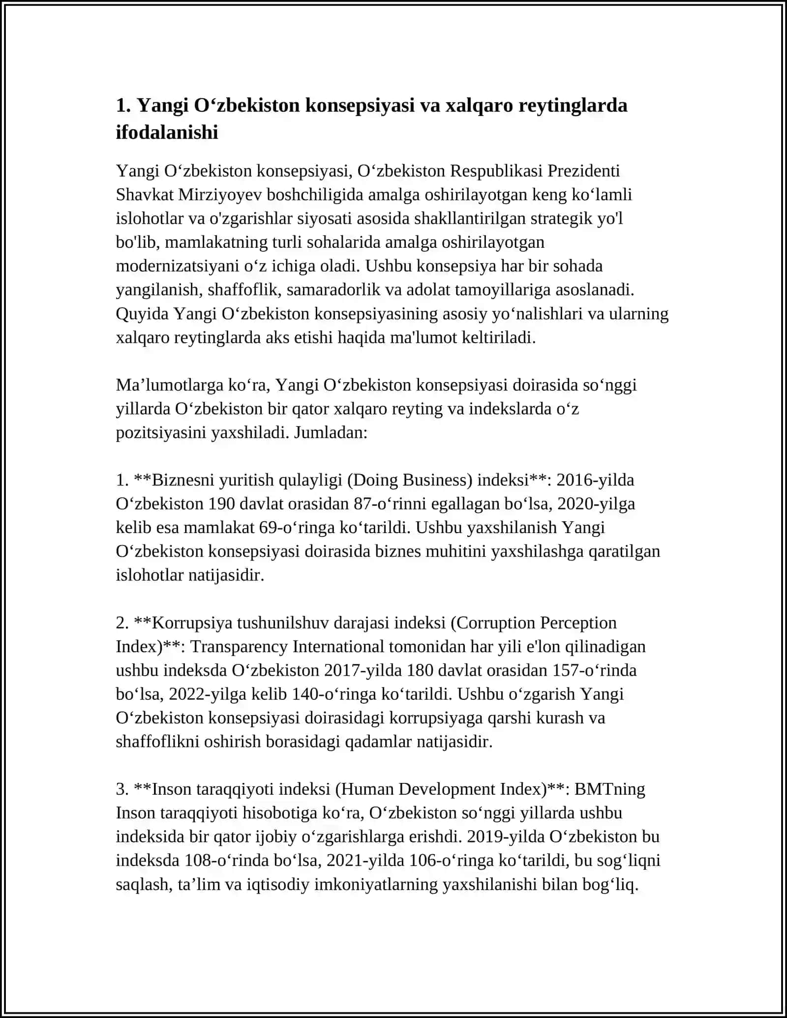 YANGI OʻZBEKISTON IJTIMOIY-SIYOSIY, IQTISODIY VA MADANIY HAYOTIDA ROʻY BERAYOTGAN OʻZGARISHLARNING XALQARO REYTING VA INDEKSLARDA AKS ETISHI 3