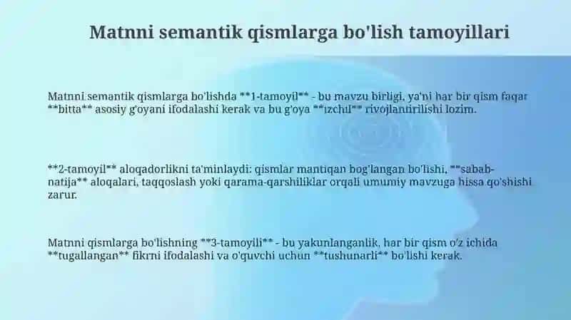Matnni semantik qismlarga bo'lish tamoyillari 3