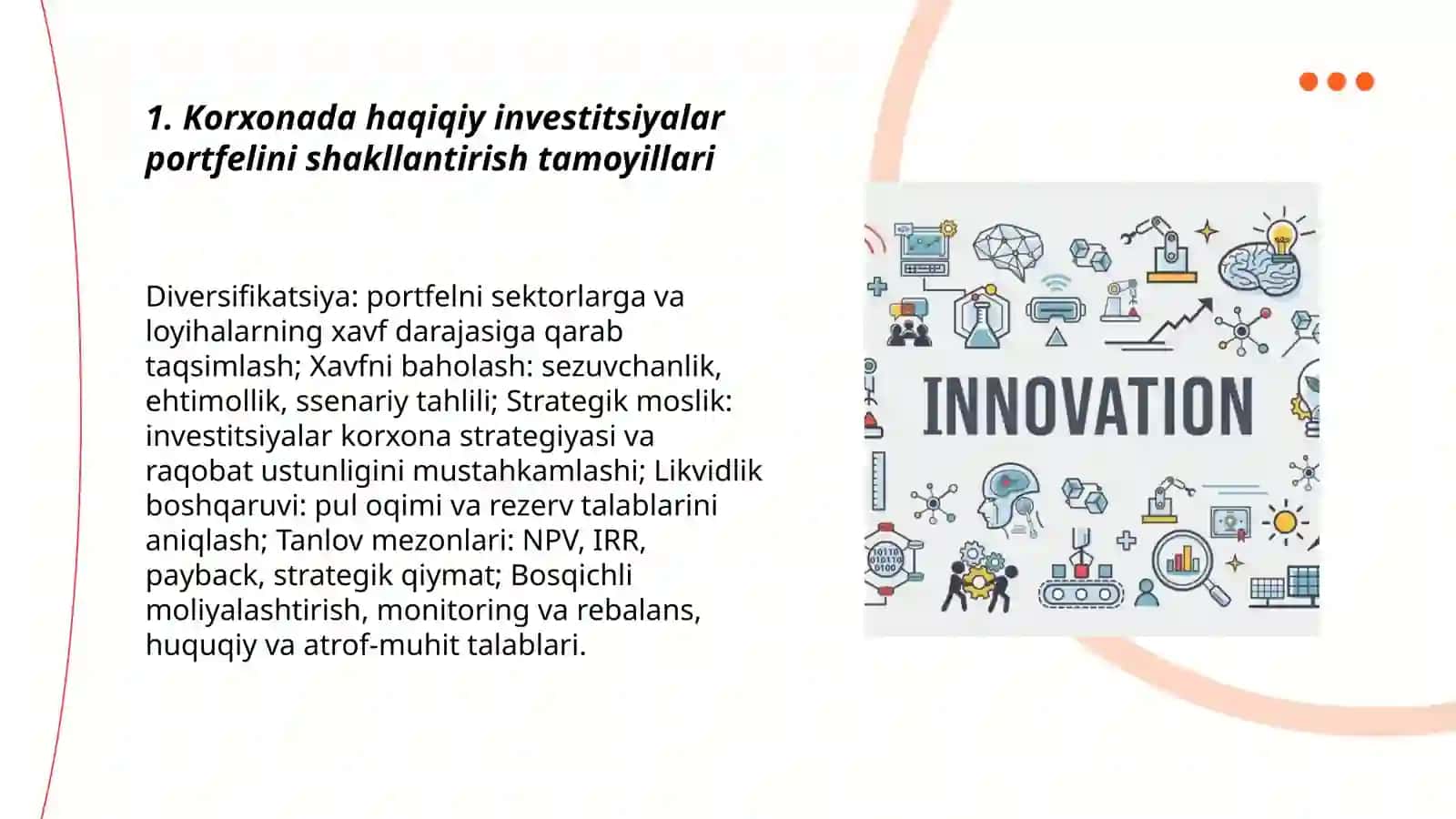 Korxonalardagi haqiqiy investitsiyalar, yangiliklar va innovatsiyalar portfelining shakllanishi 3