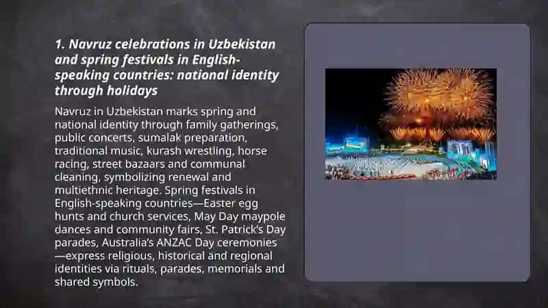 National identities of Uzbekistan and English-speaking countries: Sightseeing, holidays 3