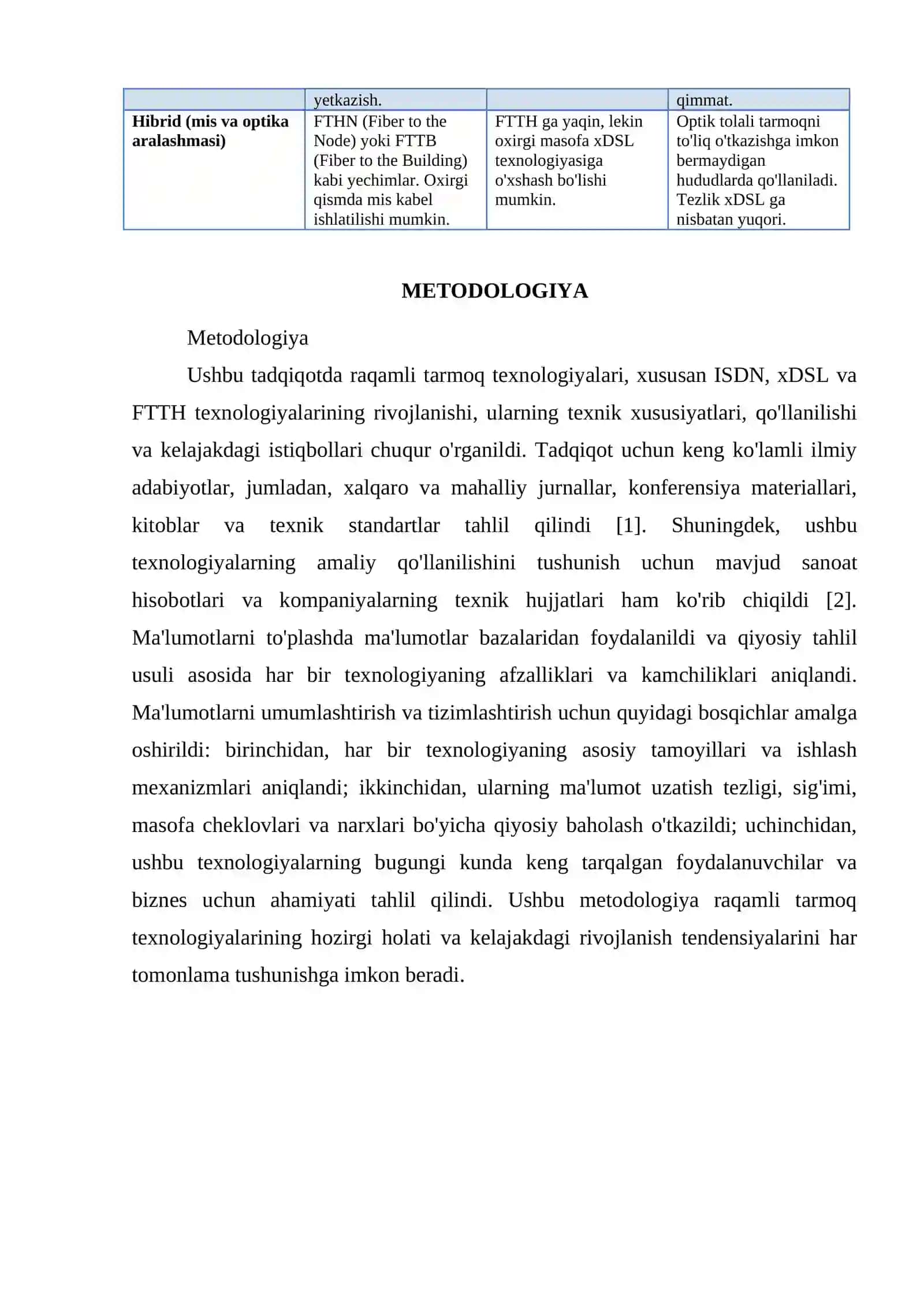 RAQAMLI TARMOQ TEXNOLOGIYALARI: ISDN, XDSL, FTTH 3