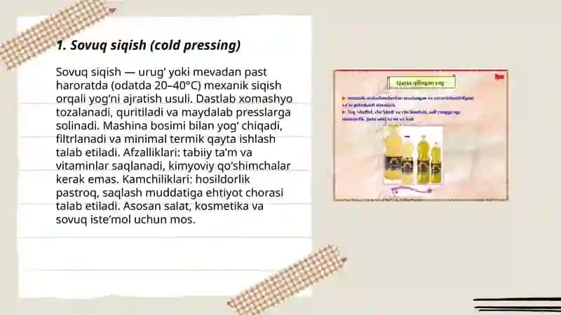 Oʻsimlik moylarini olish usullari 3