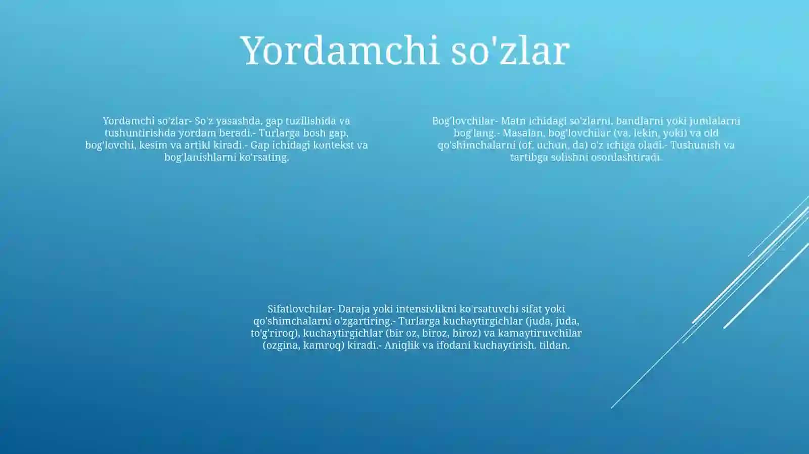 Yordamchi SoʻZlar. KoʻMakchilar. BogʻLovchilar.Yuklamalar 3