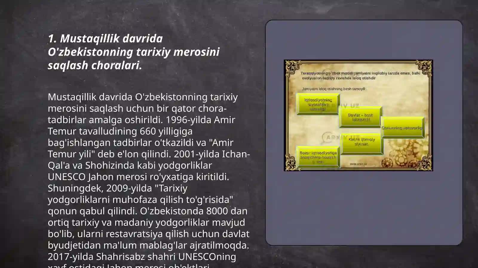 O'zbekistonning Tarixiy va Madaniy merosning tiklanishi va rivojlanishi (1991-2024yillar) 3