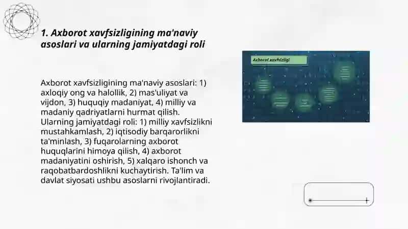 O'zbekistonda axborot xavfsizligining ma'naviy va huquqiy asoslari ularning huquqiy xujjatlardagi ifodasi 3