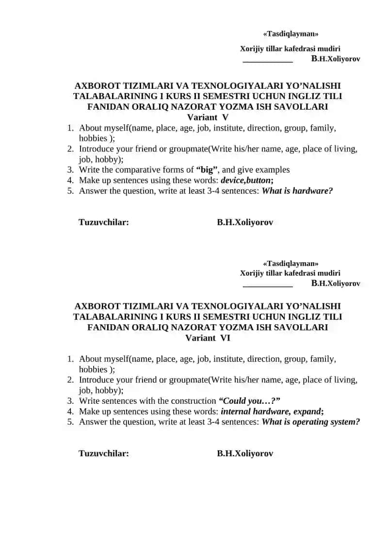 AXBOROT TIZIMLARI VA TEXNOLOGIYALARI YO’NALISHI TALABALARINING I KURS II SEMESTRI UCHUN INGLIZ TILI FANIDAN ORALIQ NAZORAT YOZMA ISH SAVOLLARI 3
