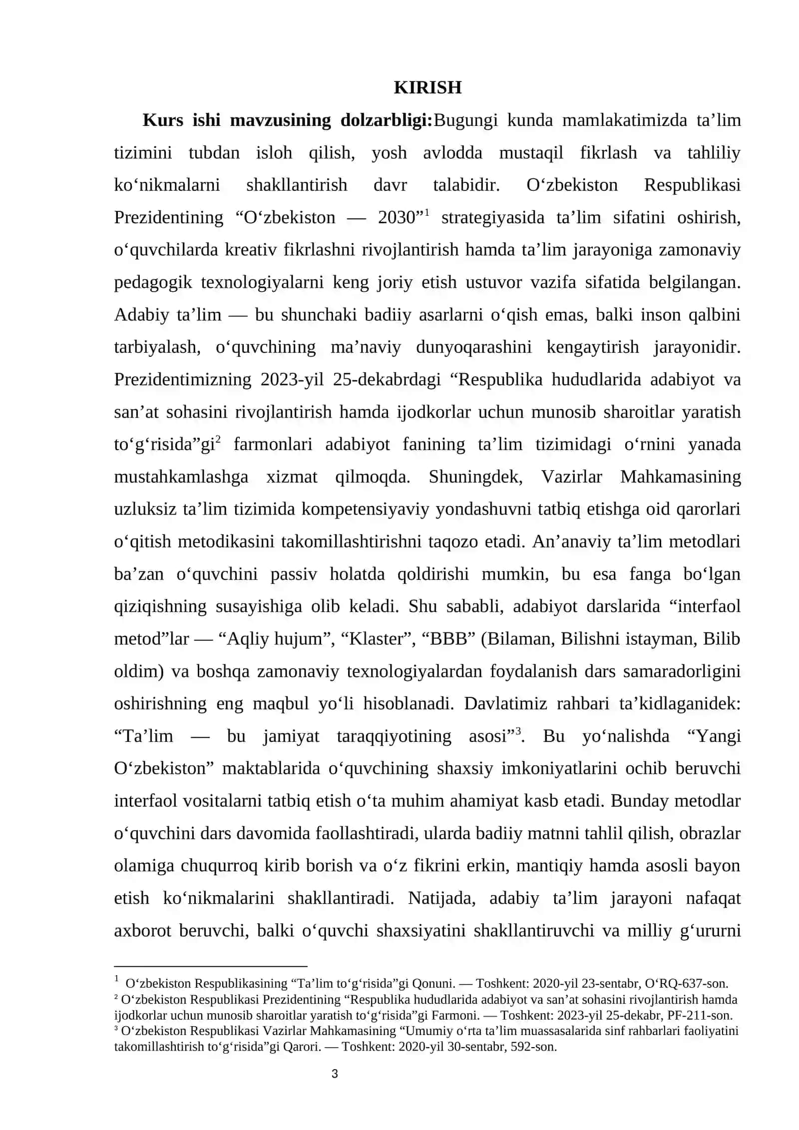 Adabiy ta’limida interfaol metodlarning o‘rni  KURS ISHI 3