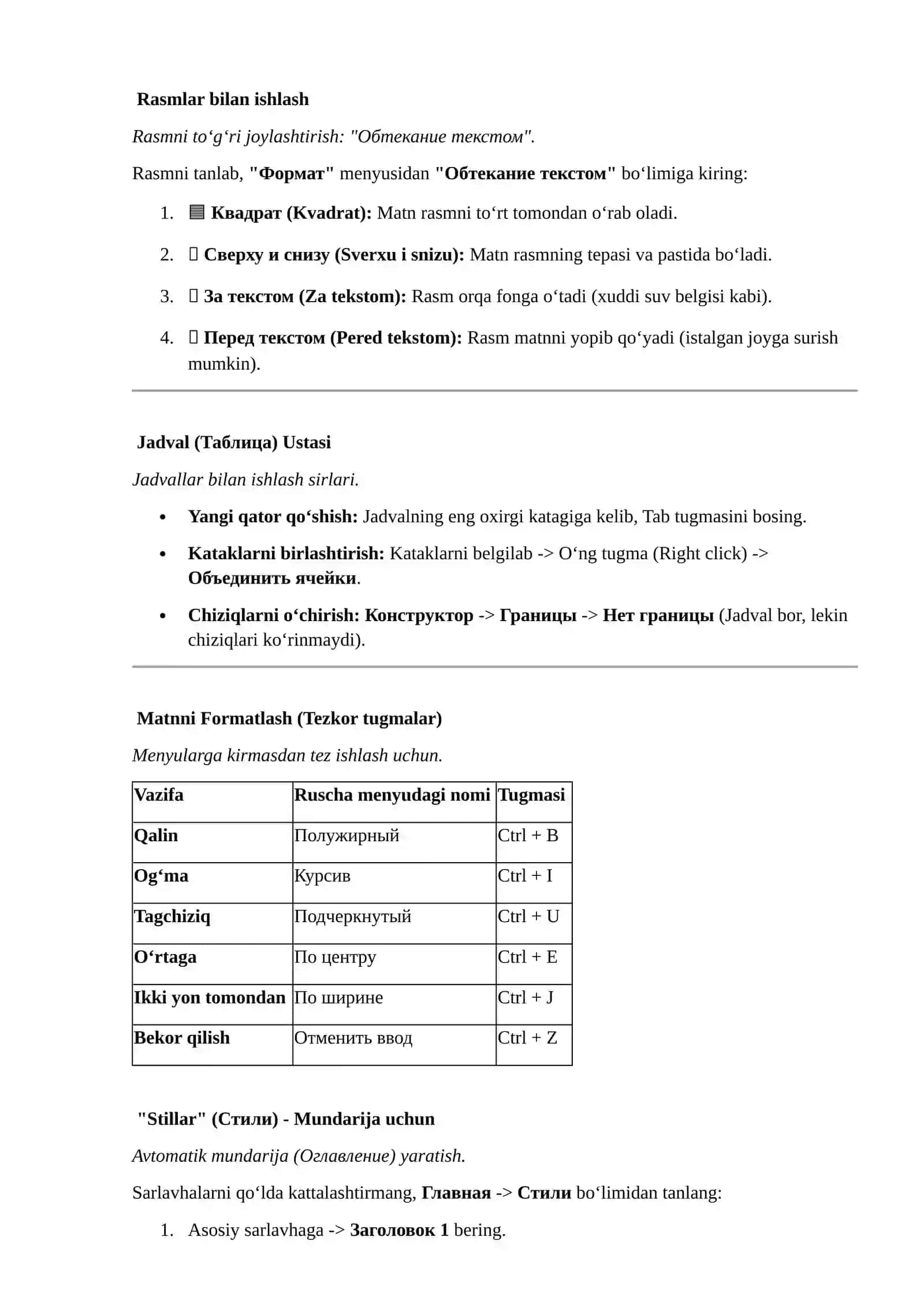 Professional Word Ustasi Qaynoq Tugmalar (Cheat Sheet) 3