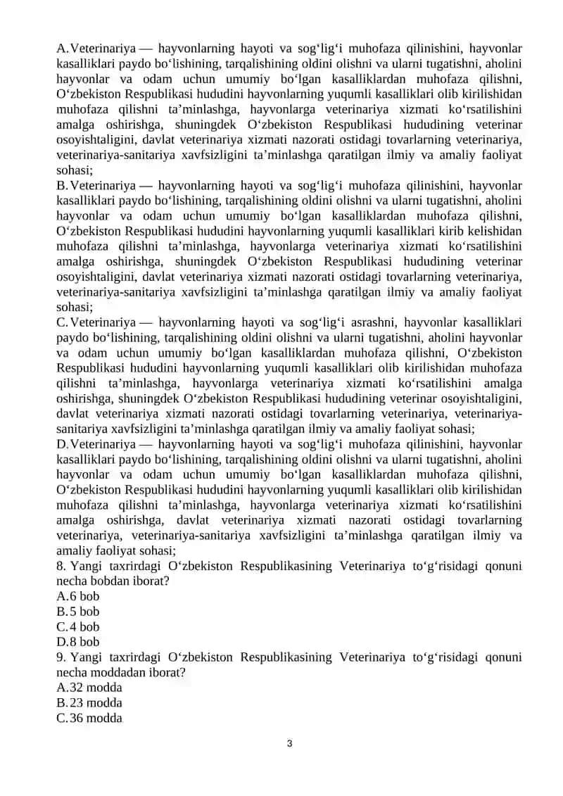 "VETERINARIYADA KASB ETIKASI" TEST SAVOLLARI 3