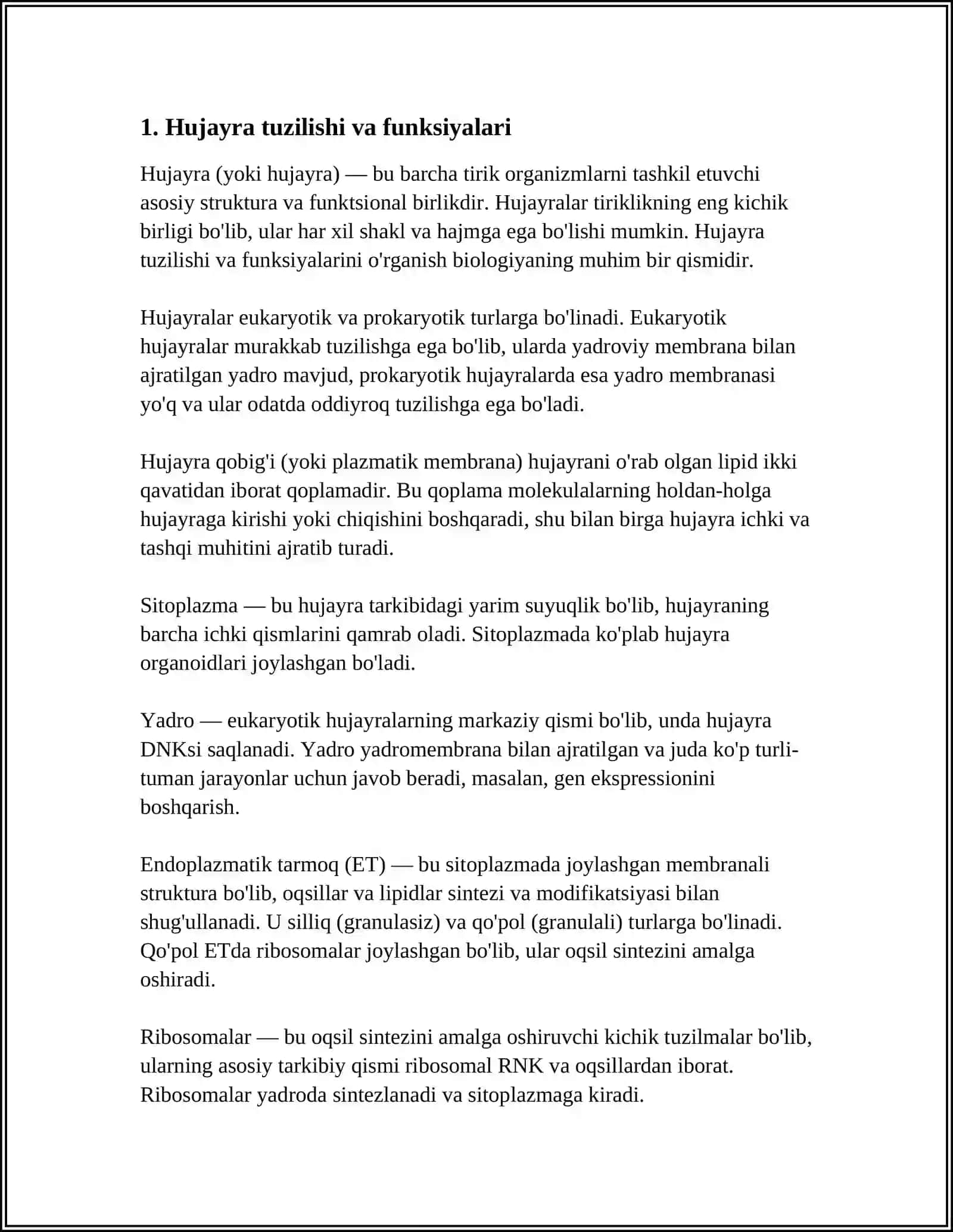 HUJAYRA TUZILISHI. NERNS TENGLAMASI. HUJAYRA MEMBRANASI STRUKTURASI VA FUNKSIYASI 3