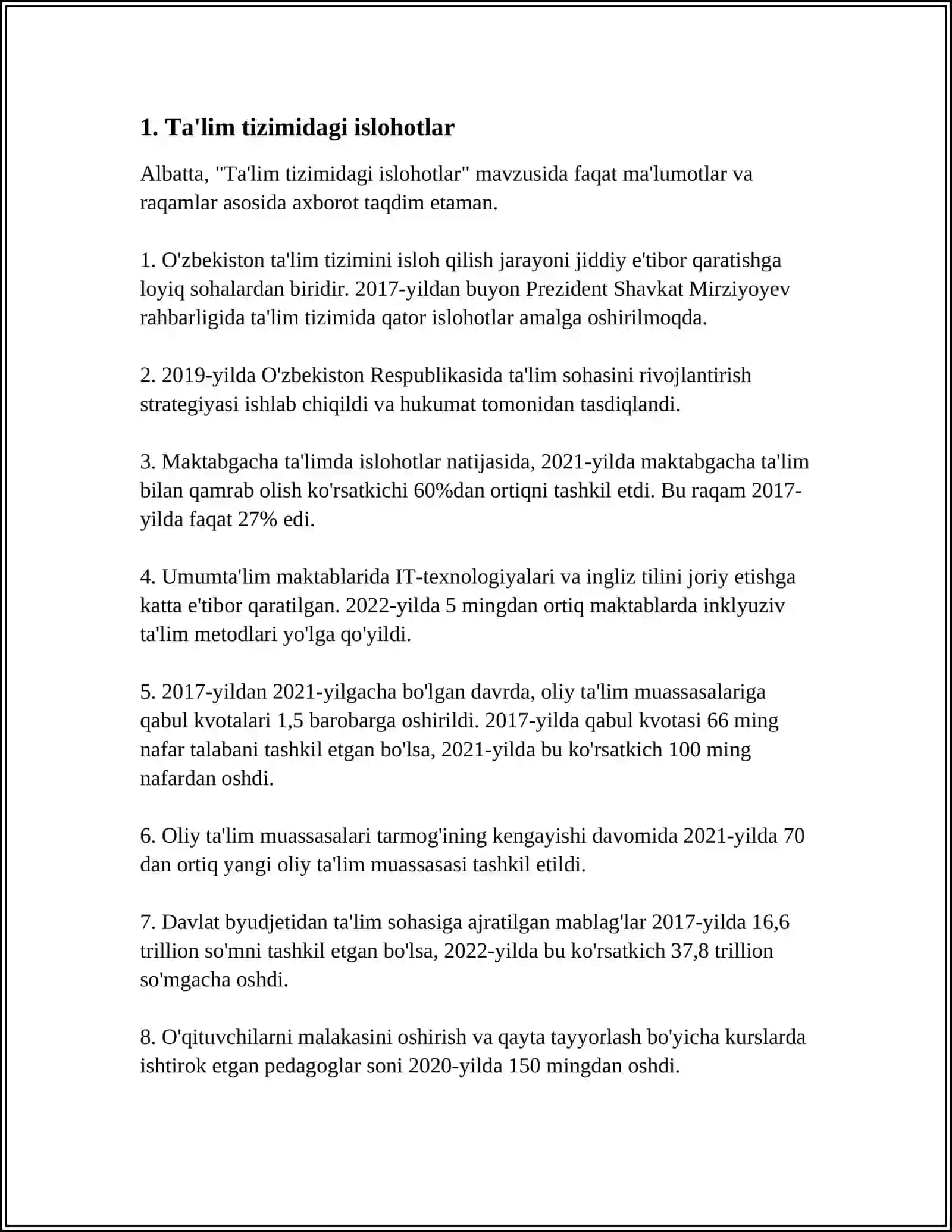 O'ZBEKISTONDA IJTIMOIY SOHADA AMALGA OSHIRILAYOTGAN O'ZGARISHLAR MAZMUN VA MOHIYATI 3