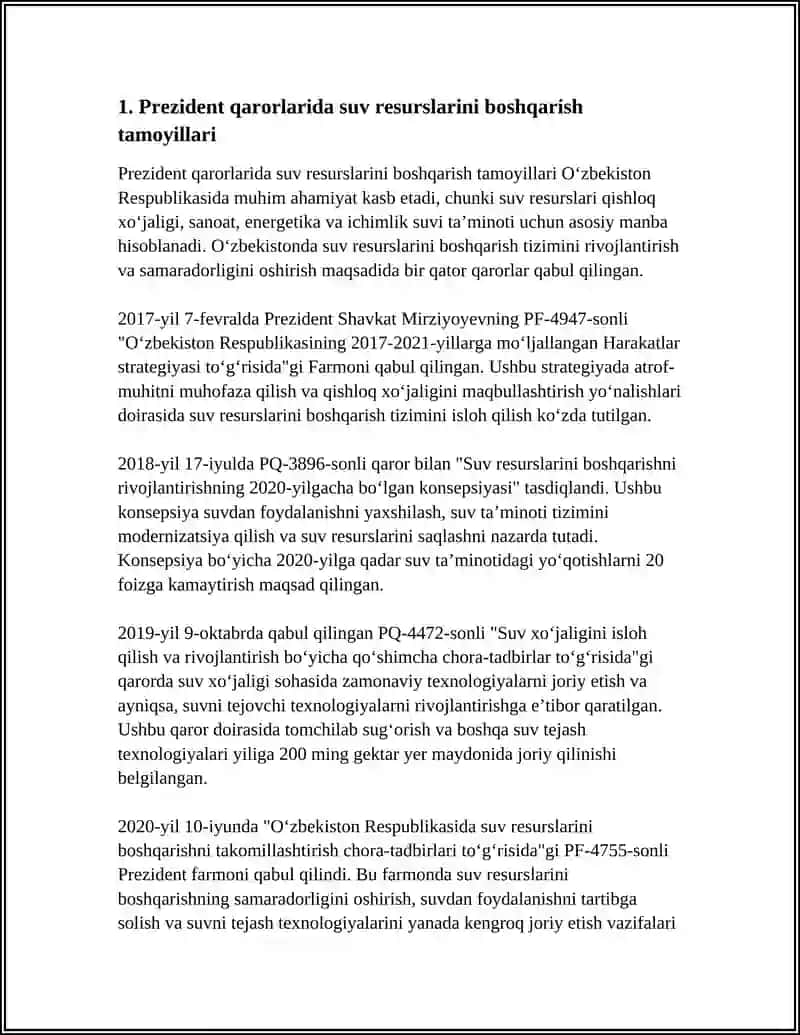 SUV RESURSLARIDAN FOYDALANISH TOʻLRISIDA PREZIDENT QARORLARI 3