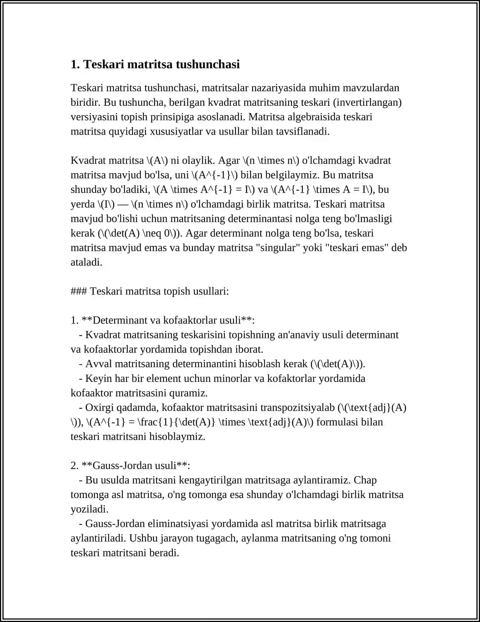 TESKARI MATRITSA TA‘RIFI. XOS VA XOSMAS MATRITSALAR 3