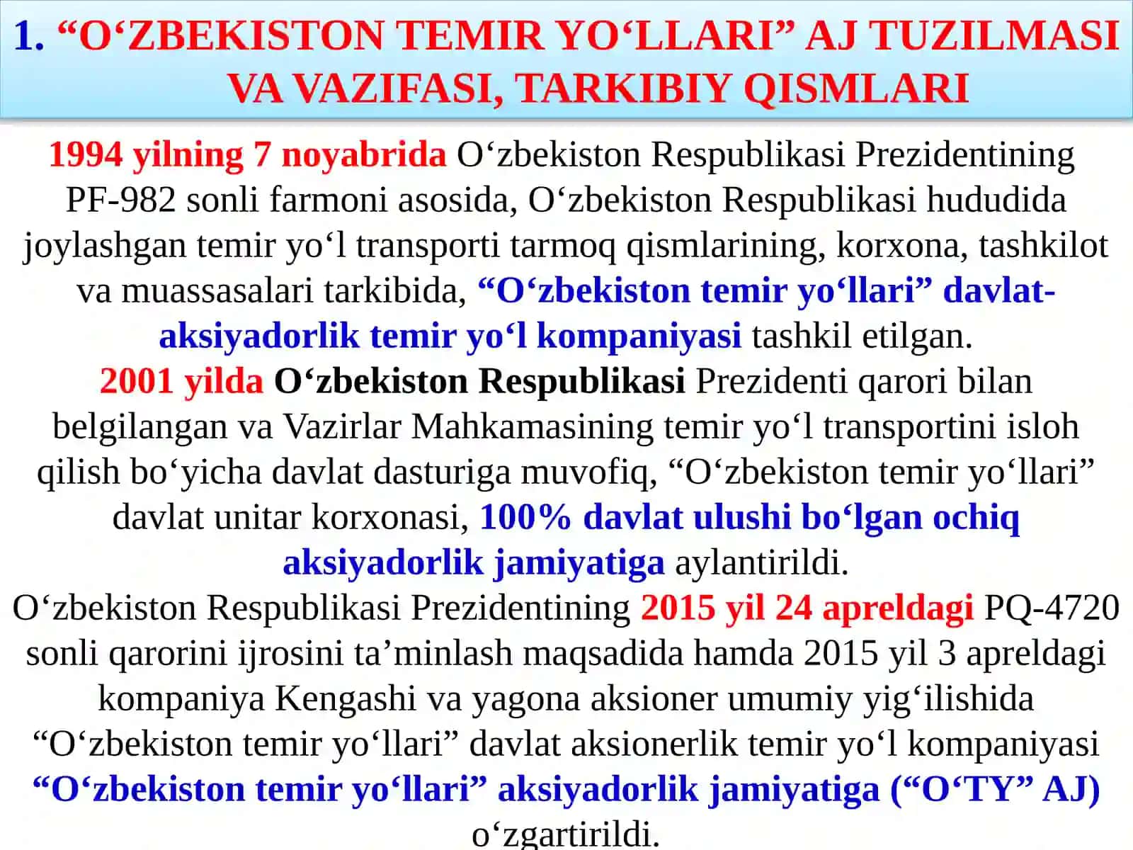 MA’RUZA“O‘ZBEKISTON TEMIR YO‘LLARI” AJ TUZILMASI VA VAZIFASI 3