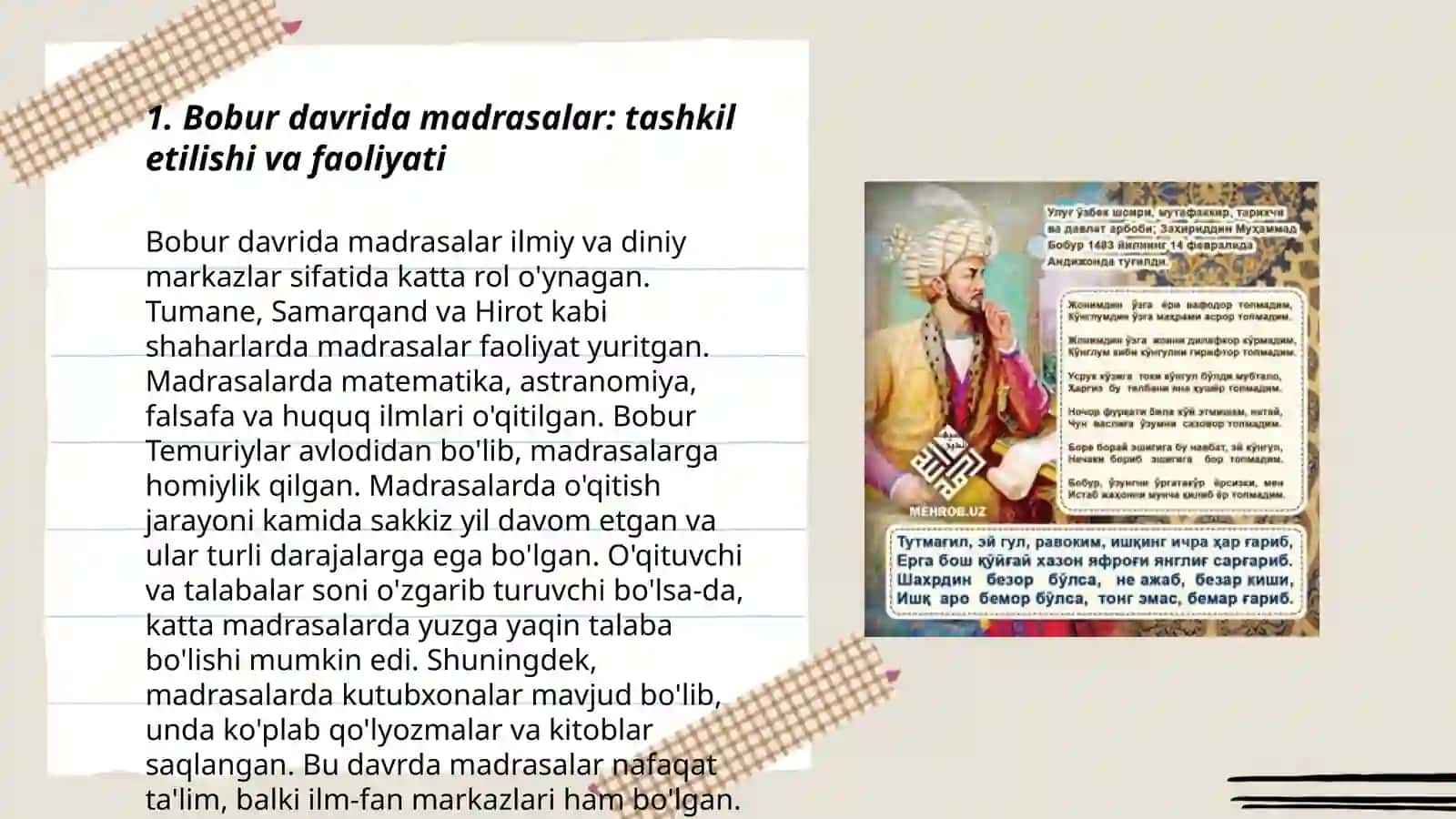 Zahriddin Muhammad Bobur davridagi talim va tarbiya haqida 3