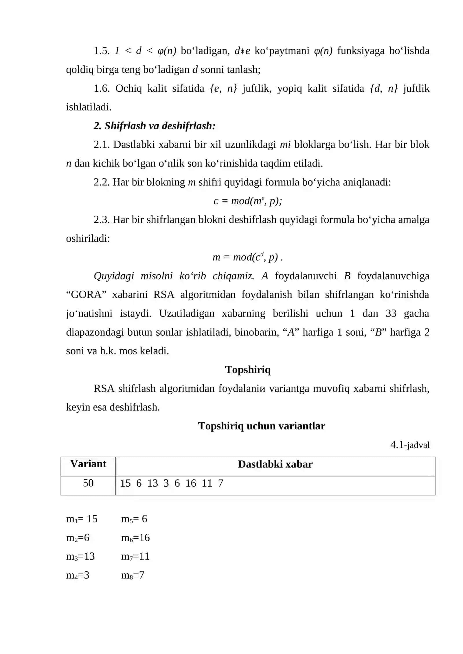 MA’LUMOTLARNI ASIMMETRIK SHIFRLASH ALGORITMLARI.  RSA ALGORITMI 3