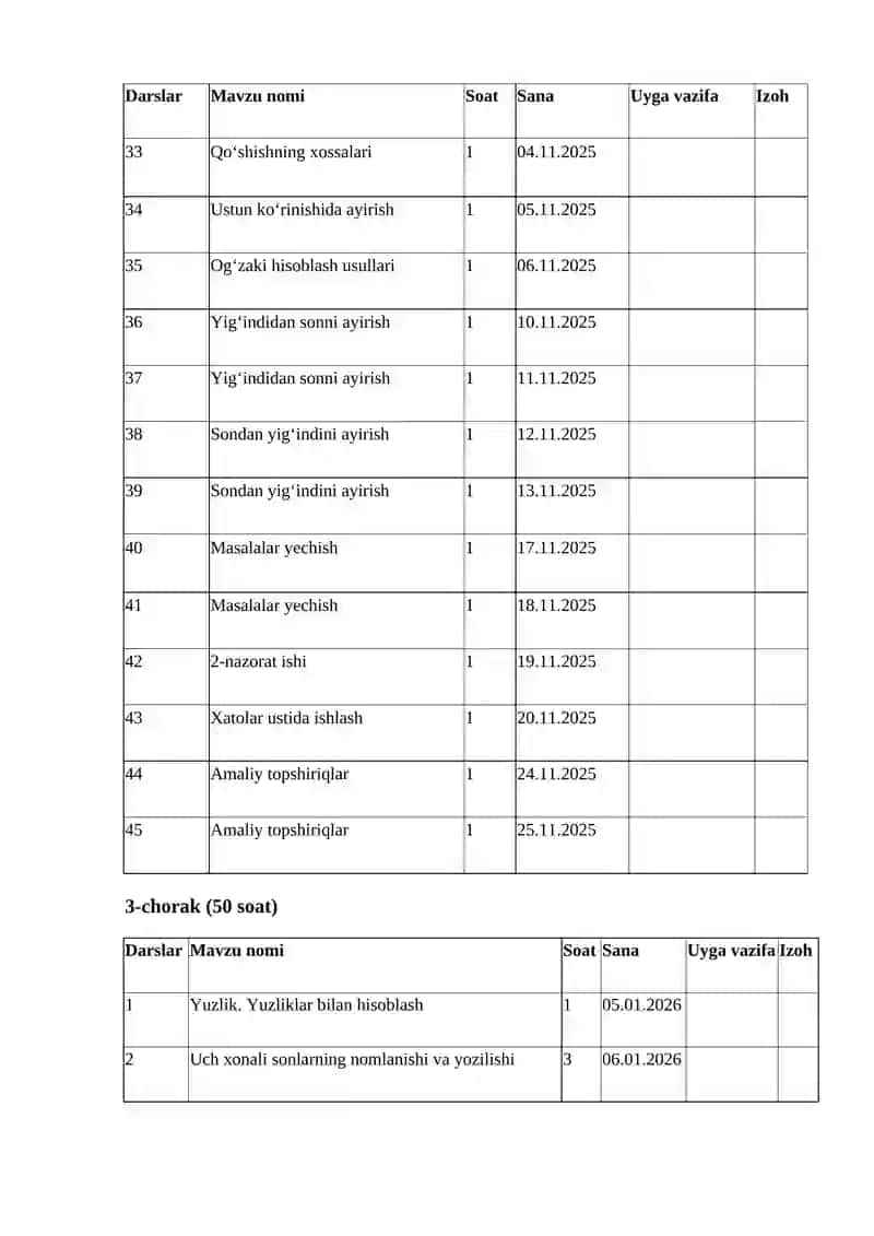 2-sinf Matematika fanidan taqvim reja 3