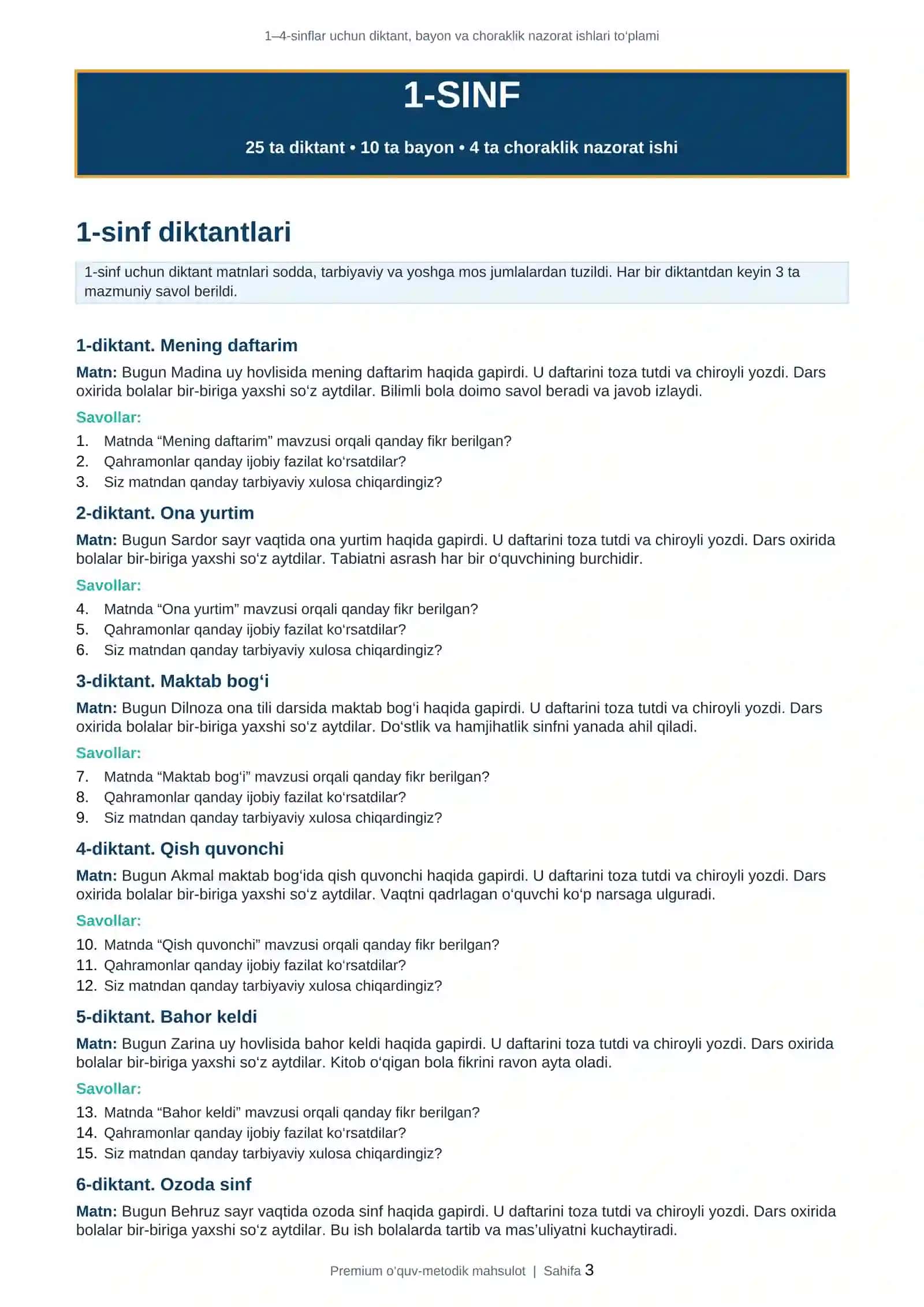 1–4-sinflar uchun diktant, bayon va choraklik nazorat ishlari to‘plami 3