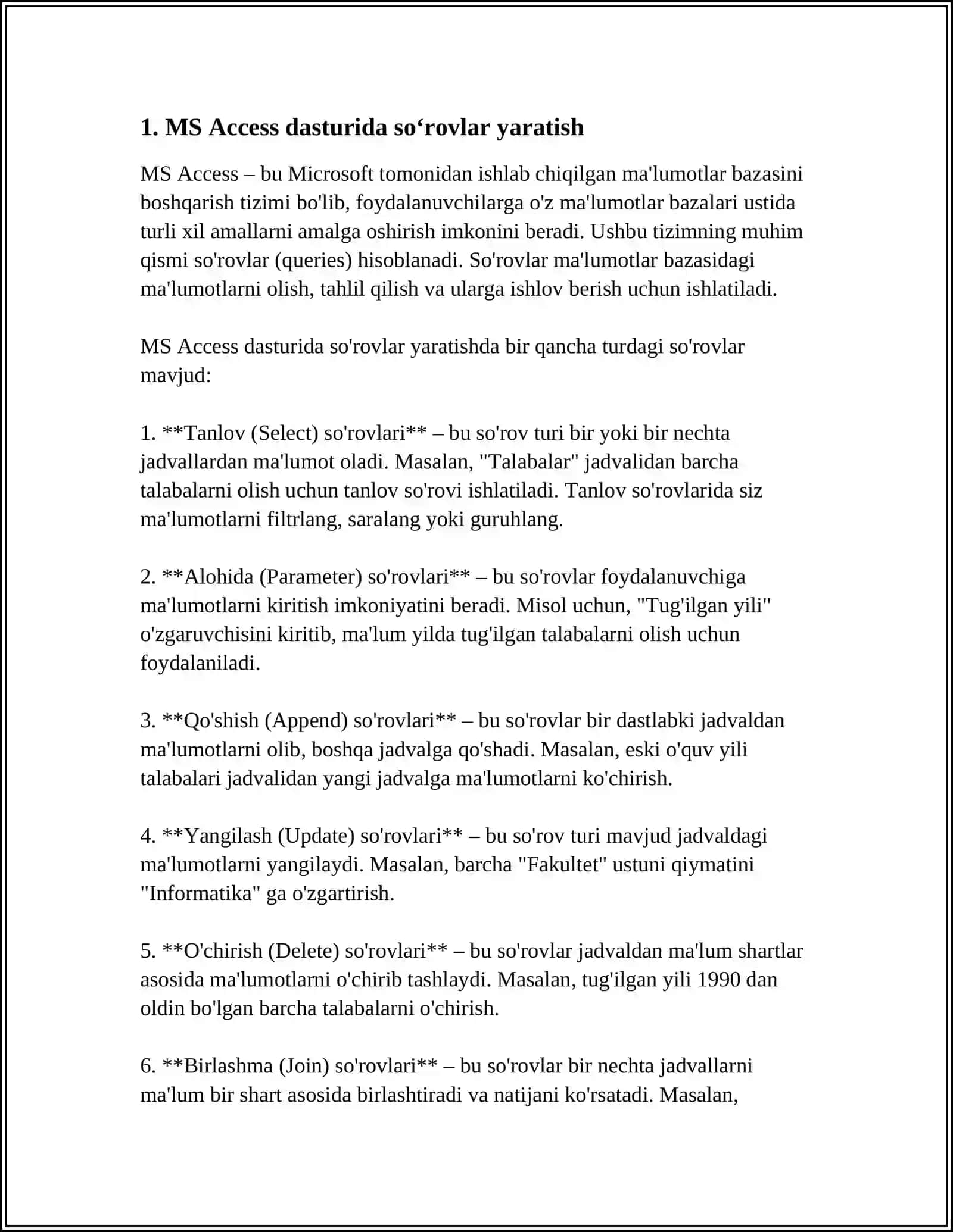 MS ACCESS MUHITIDA TURLI SOʻROVLAR YARATISH VA SQL SOʻROVLAR TILI 3