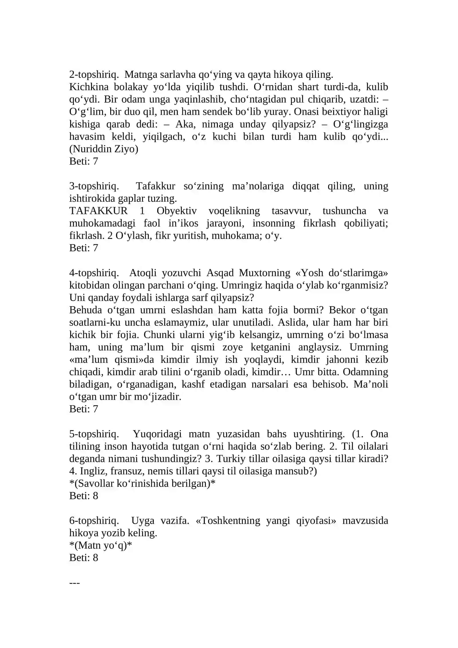 SINF ONA TILI DARSLIGIDAGI MASHQLAR 3