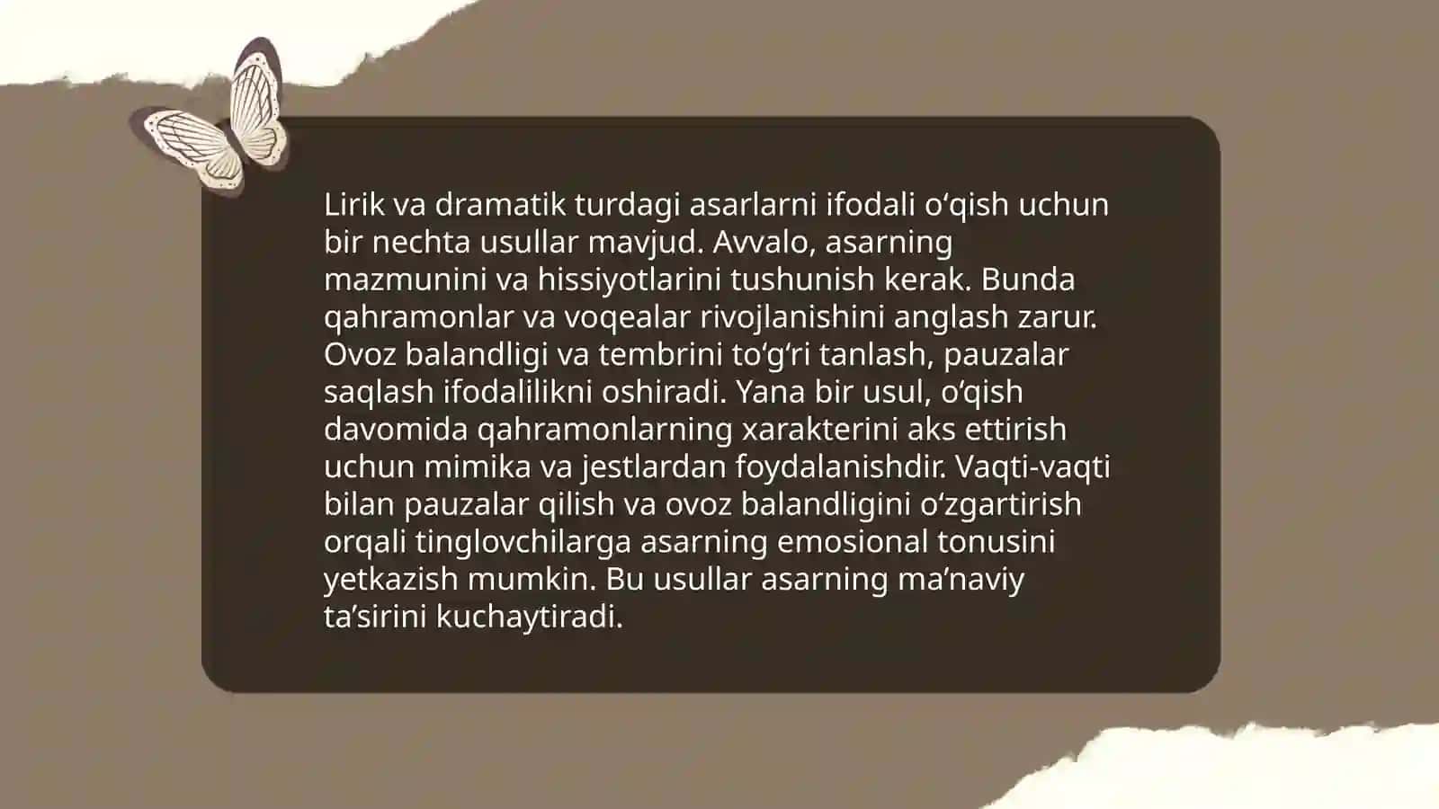 Lirik va drammatik turdagi asarlarni ifodali oʻqish 3