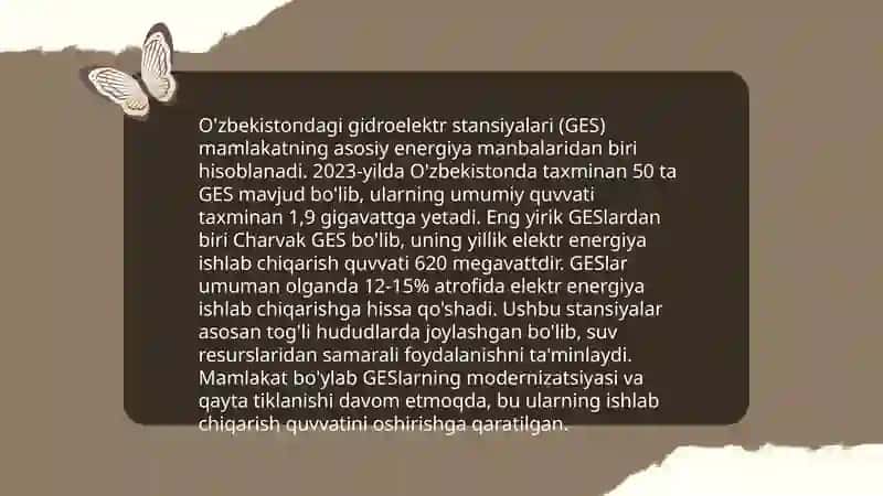 O'zbekistondagi gidroelektr stansiyalari (GES) 3