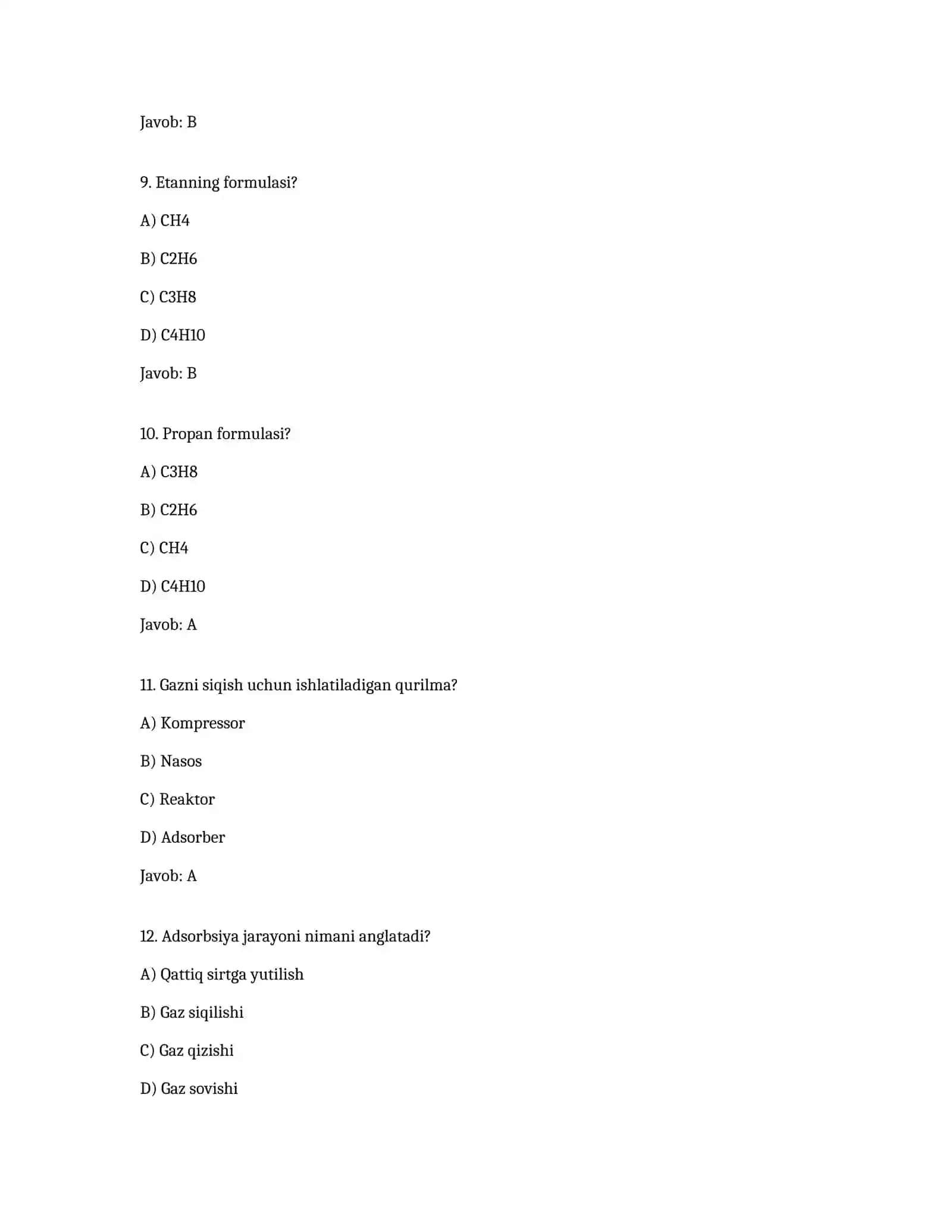 Gazlarni qayta ishlash fanidan 100 ta test 3