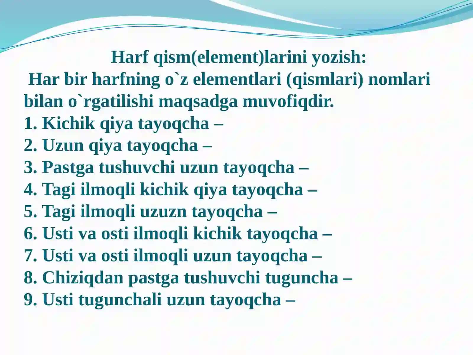 HARF QISM (ELEMENT)LARINI VAI, II GURUH KICHIK HARFLARNI YOZISH 3