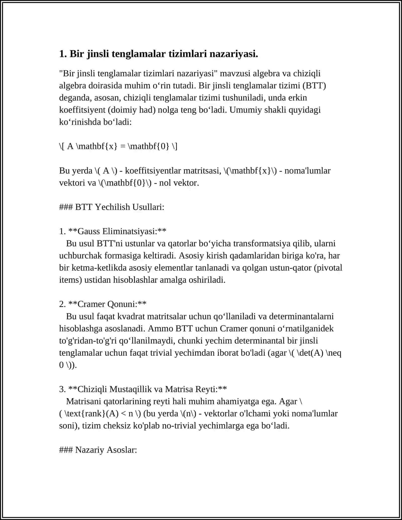 BIR JINSLI TENGLAMALAR SISTEMASI. FUNDAMENTAL YECHIM 3
