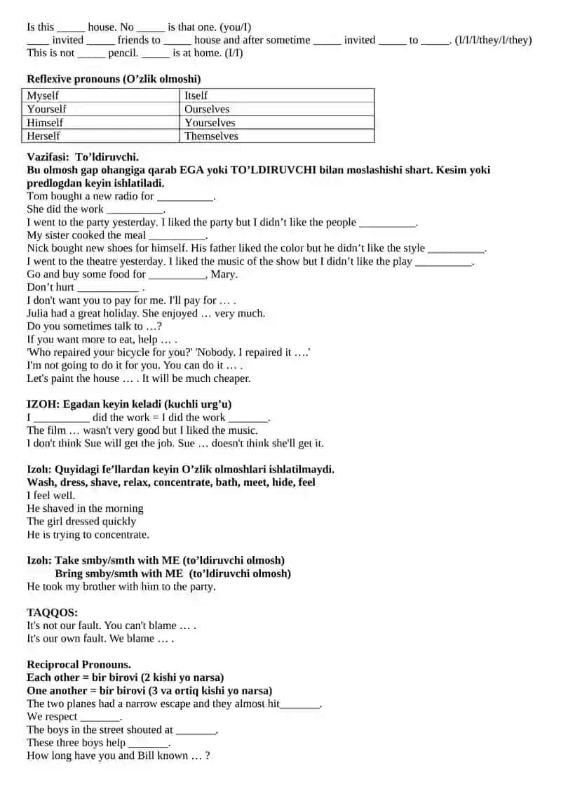 Olmoshlar (Pronouns) 3