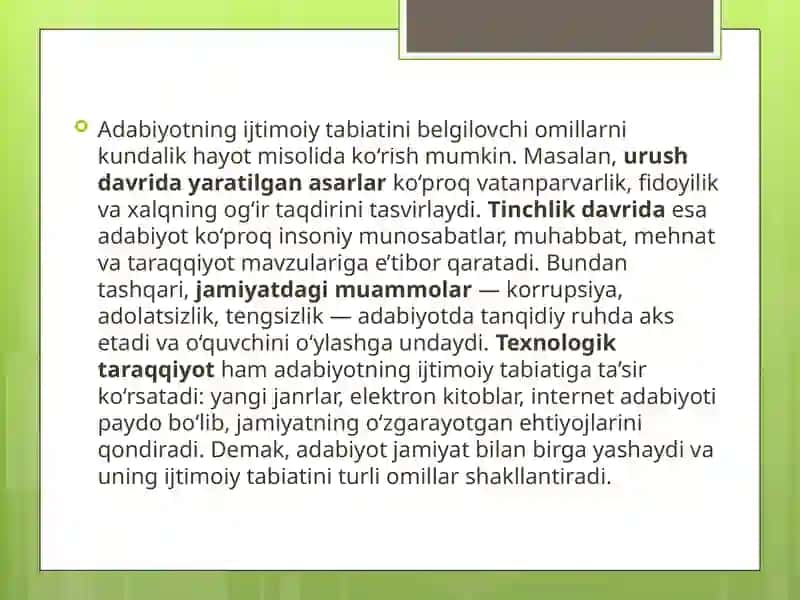 Adabiyotning ijtimoiy tabiatini belgilovchi omillari 3